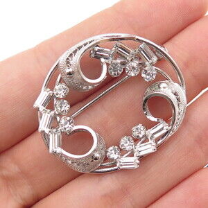 CARL ART Sterling Silver Antique Art Deco Rhinestone Floral Filigree Pin Brooch